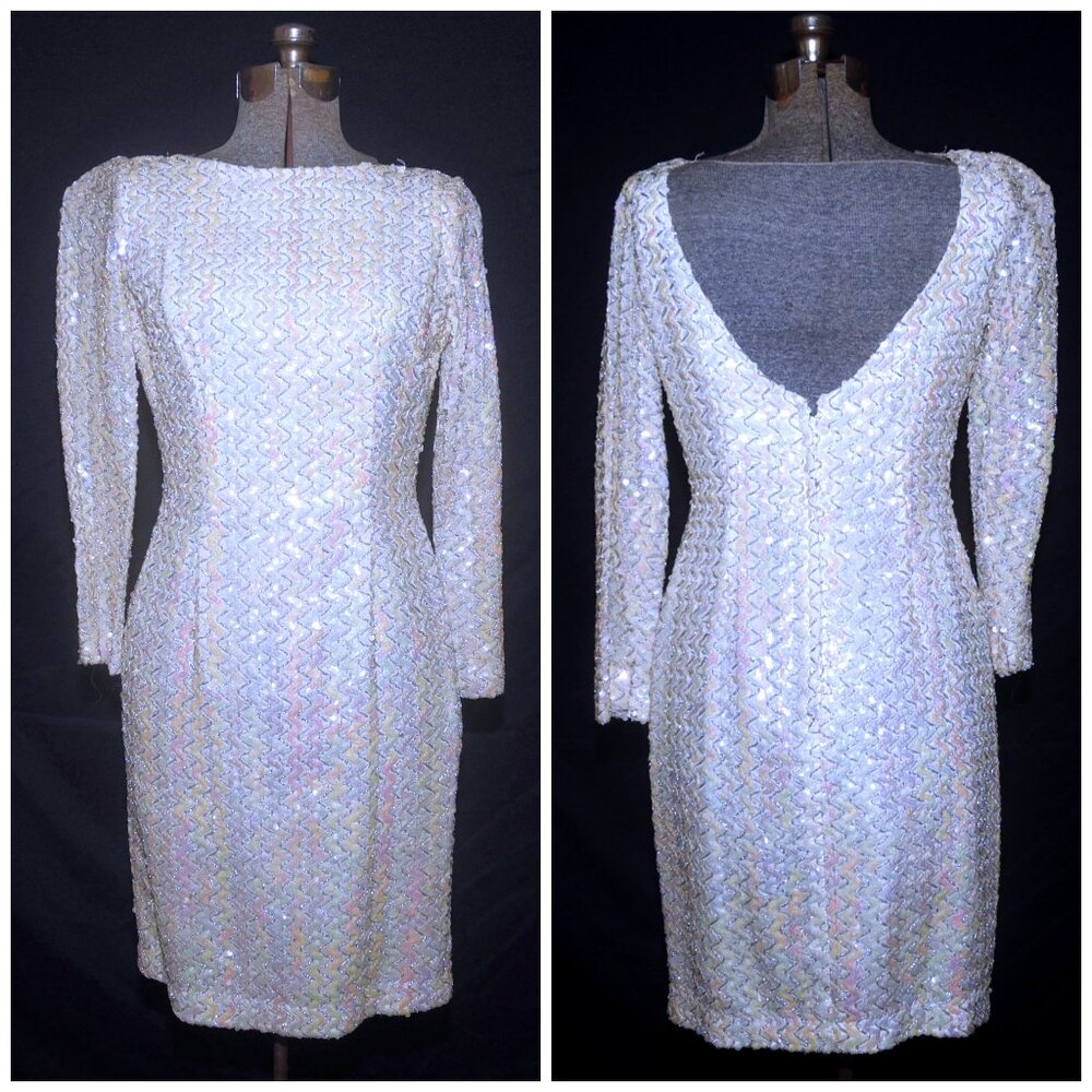 VTG 70's Opalescent Sequin & Beading Sheath Wiggle Party Prom Dress Size XS/S